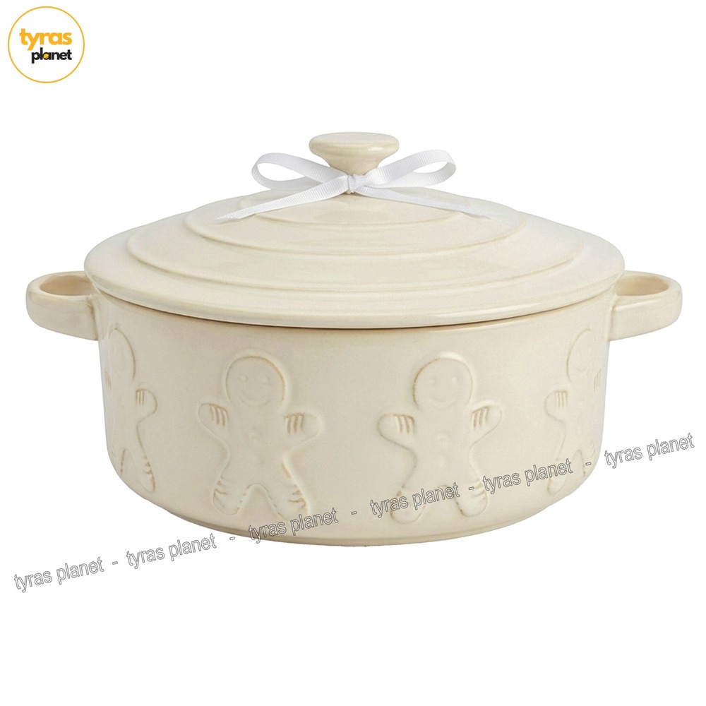 8.5in - Cream Ceramic Embossed Gingerbread Man Round Casserole Dish With Lid
